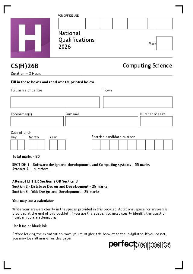 2026 Computing Science (Higher) - PAPER B question paper cover