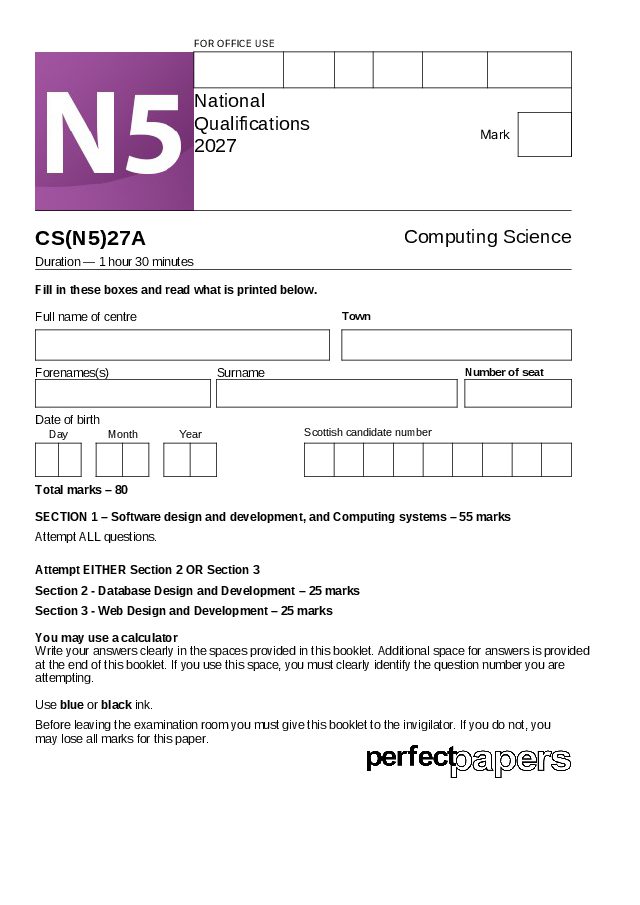 2027 Computing Science (National 5) - PAPER A question paper cover